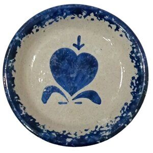 Vintage Bastine Pottery Spongeware Stoneware Dish Blue Heart 1986 Signed